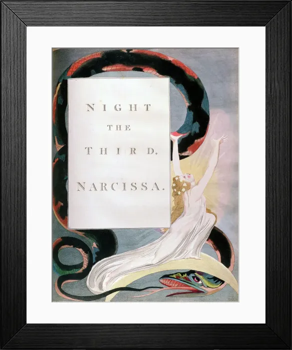 Framed Print : Night the Third Narcissa, title-page from the Nights of Edward Youngs Night Thoughts, c1797. Artist: William Blake Framed Print : Night the Third Narcissa, title-page from the Nights of Edward Youngs Night Thoughts, c1797. Artist: William Blake