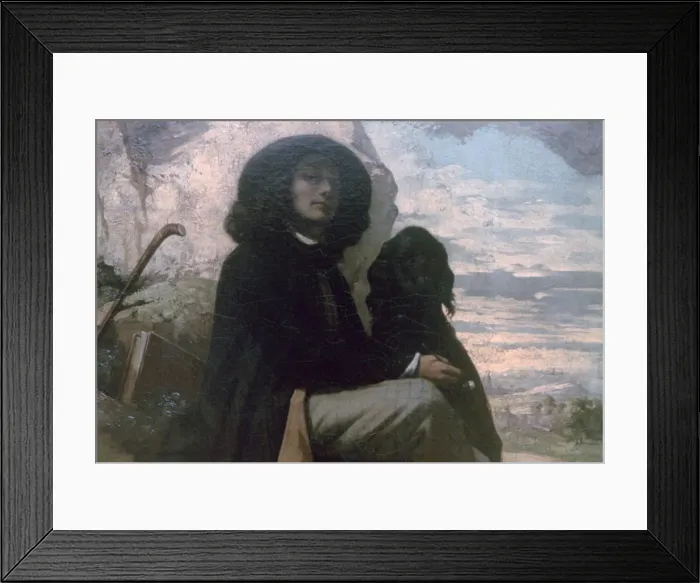Framed Print : Courbet with his Black Dog, 1842. Artist: Gustave Courbet Framed Print : Courbet with his Black Dog, 1842. Artist: Gustave Courbet