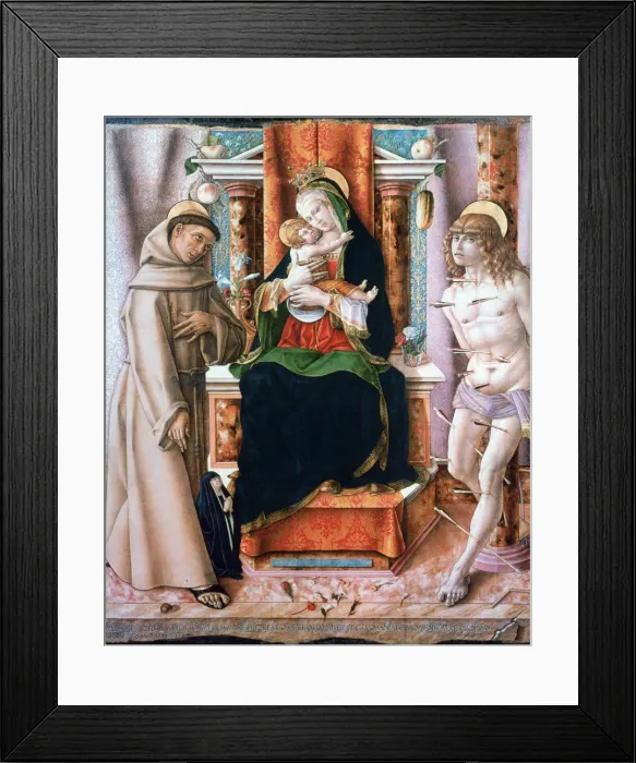 Framed Print : The Virgin and Child with Saints Francis and Sebastian, 1491. Artist: Carlo Crivelli Framed Print : The Virgin and Child with Saints Francis and Sebastian, 1491. Artist: Carlo Crivelli