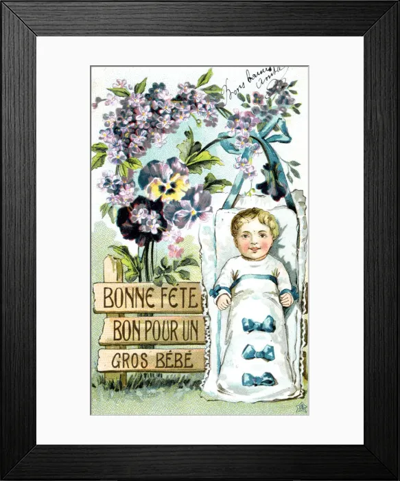 Framed Print : Happy Birthday, Large Baby, Large Baby, French Postcard, c1900 Framed Print : Happy Birthday, Large Baby, Large Baby, French Postcard, c1900