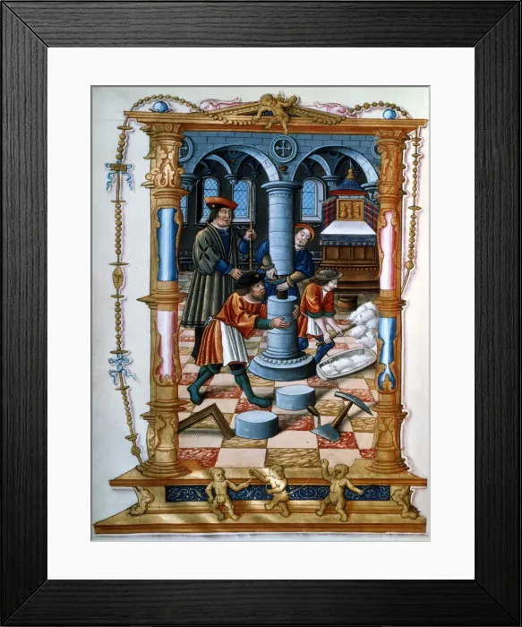 Framed Print : Masons building a pillar in a church, c1525 Framed Print : Masons building a pillar in a church, c1525