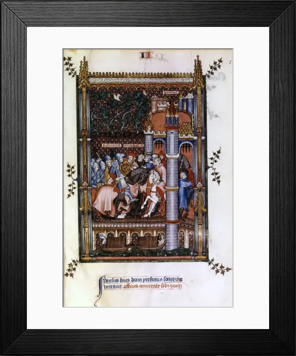 Framed Print : Pagan priests welcome Sisinnius at the gates of Paris, 1317