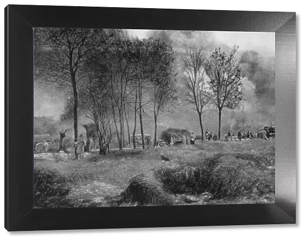 A farm on fire from German incendiary bombs, Artois, France, World War I, 1915