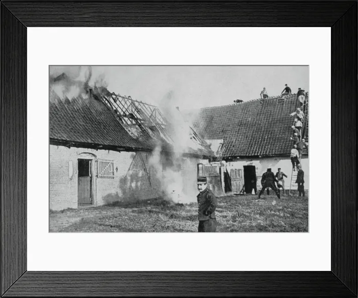 Framed Print : French soldiers fight a fire started by German incendiary bombs, Artois, World War I, 1915 Framed Print : French soldiers fight a fire started by German incendiary bombs, Artois, World War I, 1915