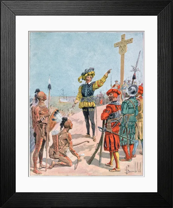 Framed Print : Jacques Cartier takes possession of the Bay of Gaspe, Canada, 1534 (1900). Artist: L Geisleh Framed Print : Jacques Cartier takes possession of the Bay of Gaspe, Canada, 1534 (1900). Artist: L Geisleh