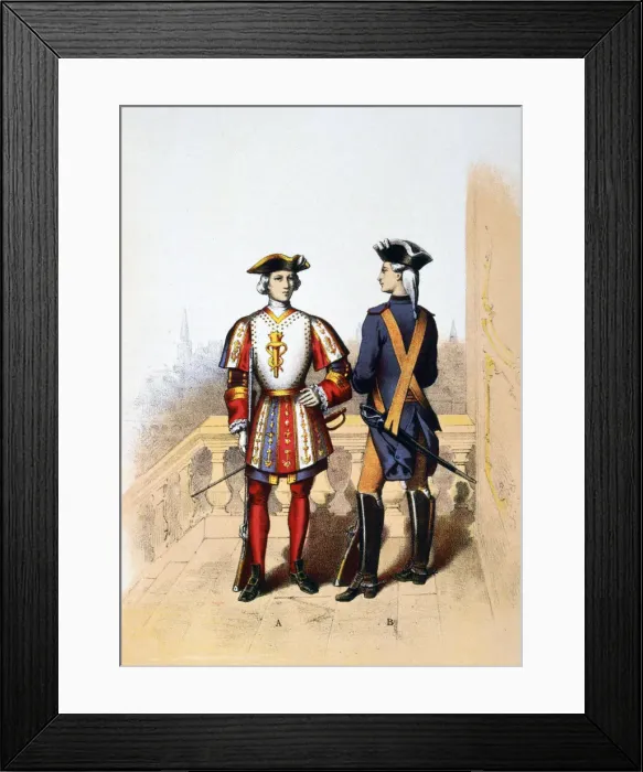 Framed Print : Royal guard to the king, and cavalier, 18th century (1887). Artist: A Lemercier Framed Print : Royal guard to the king, and cavalier, 18th century (1887). Artist: A Lemercier