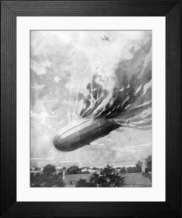 Framed Print : Zeppelin destroyed by an English aviator, 1915. Artist: Lemonier Framed Print : Zeppelin destroyed by an English aviator, 1915. Artist: Lemonier