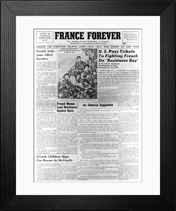Framed Print : France Forever, newspaper, 18 June 1944
