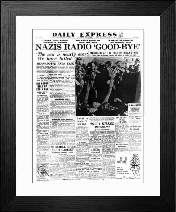 Framed Print : Nazis Radio Good-bye, front page of the Daily Express, 1 May 1945 Framed Print : Nazis Radio Good-bye, front page of the Daily Express, 1 May 1945
