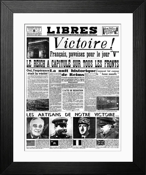 Framed Print : Victory!, front page of Libres newspaper, 9 May 1945 Framed Print : Victory!, front page of Libres newspaper, 9 May 1945