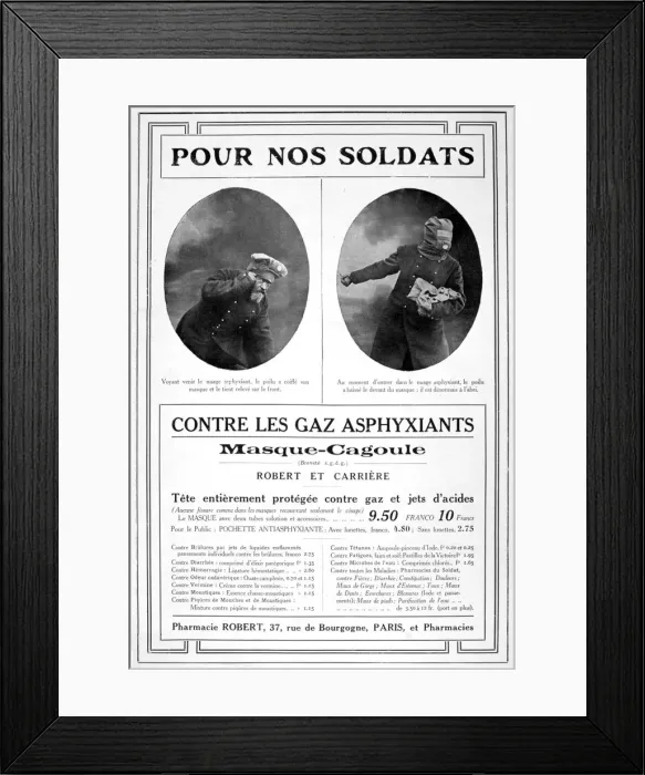 Framed Print : Masque cagoule (Gas mask) advertisement, 1915 Framed Print : Masque cagoule (Gas mask) advertisement, 1915