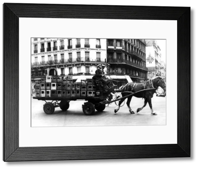 Framed Print : Horse-drawn cart carrying crates of drink, German-occupied Paris, July 1940 Framed Print : Horse-drawn cart carrying crates of drink, German-occupied Paris, July 1940