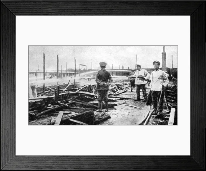 Framed Print : A fire damaged prison camp in Germany, World War I, 1915 Framed Print : A fire damaged prison camp in Germany, World War I, 1915