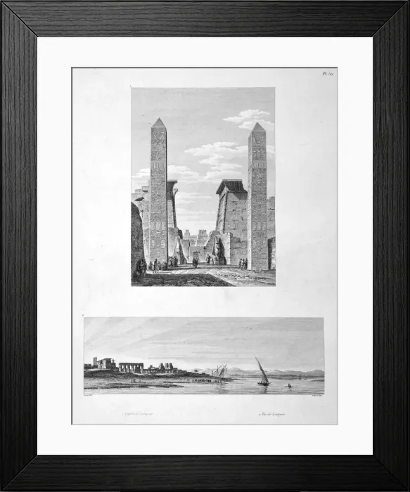 Framed Print : Entrance to Luxor Temple, and View of Louqsor, 1802. Artist: Baltard Framed Print : Entrance to Luxor Temple, and View of Louqsor, 1802. Artist: Baltard