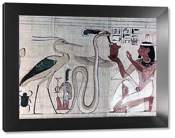 Ancient Egyptian papyrus of death kneeling before a snake
