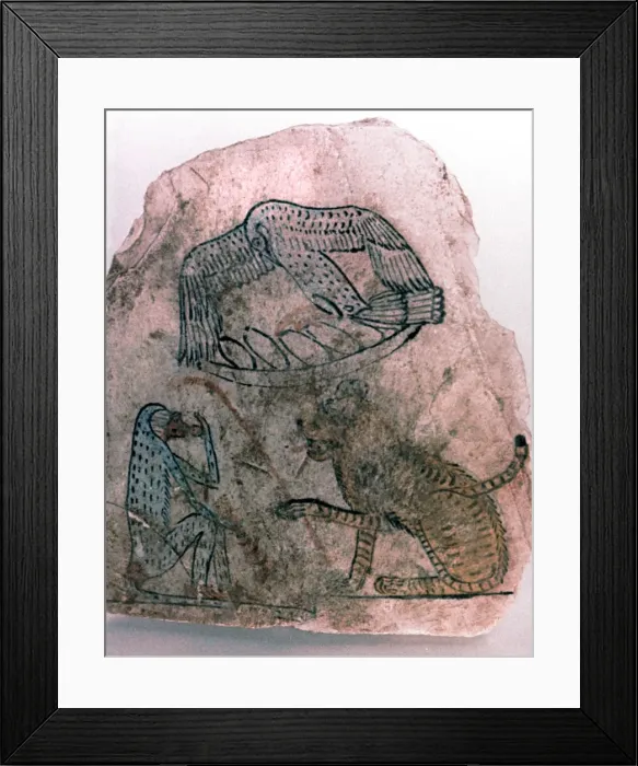 Framed Print : Ostracon Fragment, Cheetah, Bird and Monkey, Egypt Framed Print : Ostracon Fragment, Cheetah, Bird and Monkey, Egypt