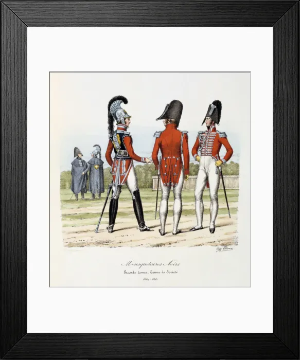 Framed Print : Mousquetaires Noirs, Grande Tenue and Tenue de Societe, 1814-15 Artist: Eugene Titeux Framed Print : Mousquetaires Noirs, Grande Tenue and Tenue de Societe, 1814-15 Artist: Eugene Titeux