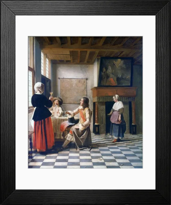 Framed Print : Interior, Woman drinking with Two Men, and a Maidservant, c1658 Artist: Pieter de Hooch Framed Print : Interior, Woman drinking with Two Men, and a Maidservant, c1658 Artist: Pieter de Hooch