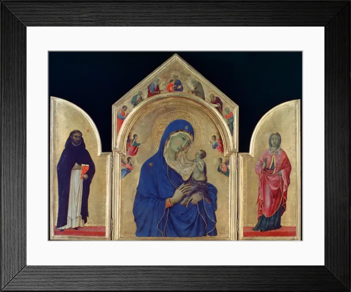Framed Print : Madonna and Child with St Dominic and St Aurea, c1315. Artist: Duccio di Buoninsegna Framed Print : Madonna and Child with St Dominic and St Aurea, c1315. Artist: Duccio di Buoninsegna