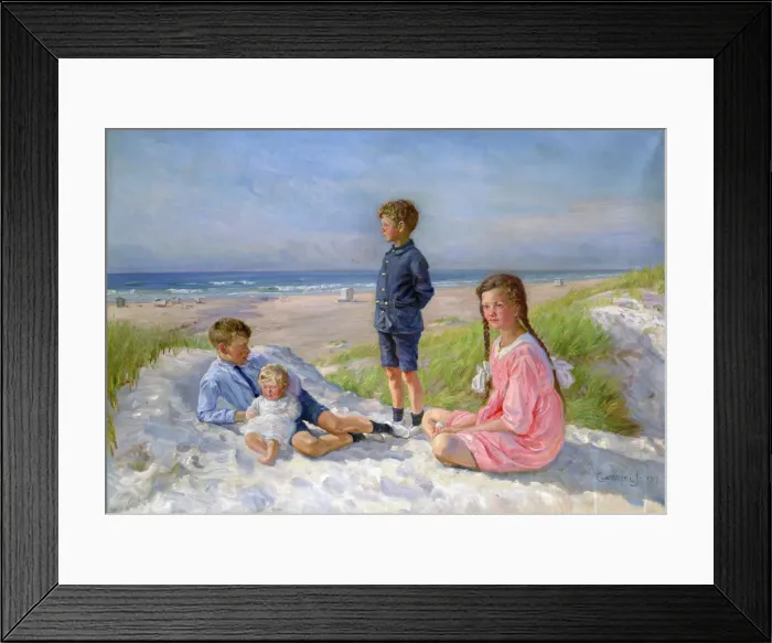 Framed Print : Erik, Else, Ove and Birthe Schultz on the Beach, 1919. Artist: Gabriel Jensen Framed Print : Erik, Else, Ove and Birthe Schultz on the Beach, 1919. Artist: Gabriel Jensen