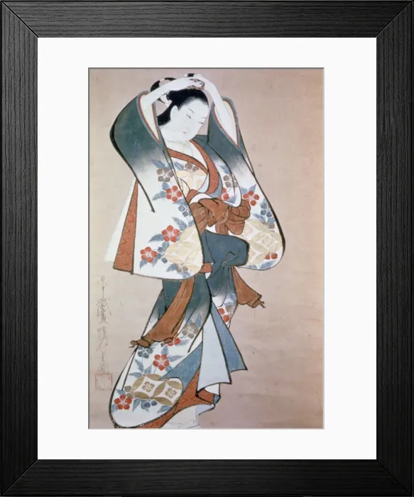 Framed Print : Standing Beauty Arranging Her Hair, c1714. Artist: Ando Kaigetsudo Framed Print : Standing Beauty Arranging Her Hair, c1714. Artist: Ando Kaigetsudo
