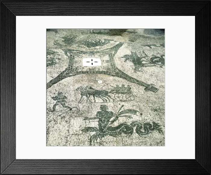 Framed Print : Mosaic, Carts pulled by mules with travellers, Cisarii. c1st Century Framed Print : Mosaic, Carts pulled by mules with travellers, Cisarii. c1st Century
