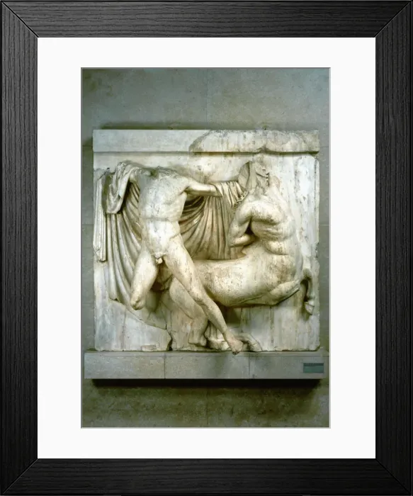 Framed Print : A fight between a human Lapith and a Centaur, metope from the Parthenon, c440 BC Framed Print : A fight between a human Lapith and a Centaur, metope from the Parthenon, c440 BC