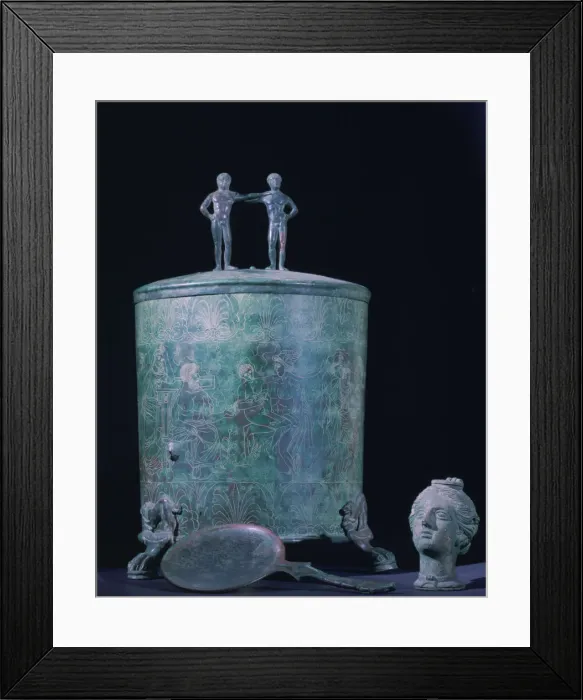 Framed Print : Womans bronze perfume oil cista, Hellenistic period, 3rd century BC Framed Print : Womans bronze perfume oil cista, Hellenistic period, 3rd century BC