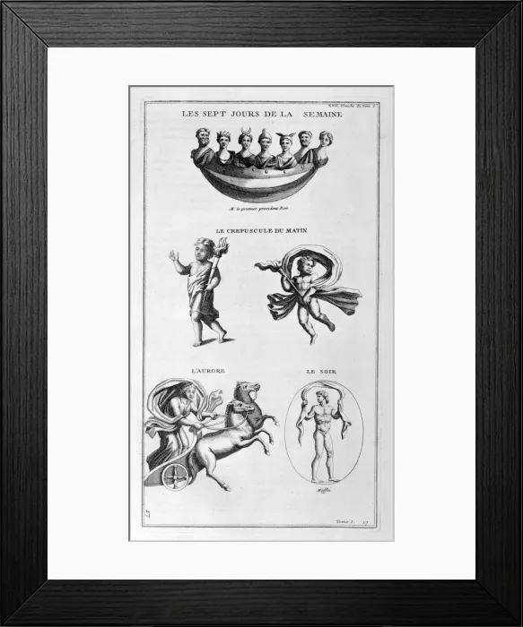 Framed Print : Seven days of the week. Twilight, morning, dawn, the evening, 1757. Artist: Bernard de Montfaucon Framed Print : Seven days of the week. Twilight, morning, dawn, the evening, 1757. Artist: Bernard de Montfaucon