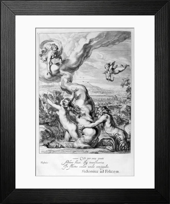 Framed Print : Arethusa Pursued by Alpheus and Turned into a Fountain, 1655. Artist: Michel de Marolles Framed Print : Arethusa Pursued by Alpheus and Turned into a Fountain, 1655. Artist: Michel de Marolles