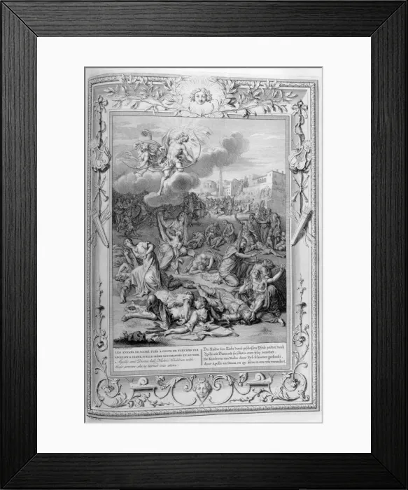 Framed Print : Apollo and Diana Kill Niobes Children with their Arrows, 1733. Artist: Bernard Picart Framed Print : Apollo and Diana Kill Niobes Children with their Arrows, 1733. Artist: Bernard Picart