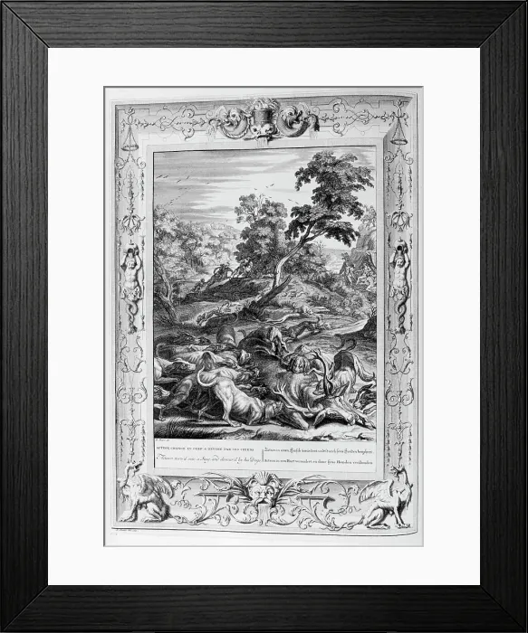 Framed Print : Acteon turn d into a Stag, and devour d by his dogs, 1733. Artist: Bernard Picart Framed Print : Acteon turn d into a Stag, and devour d by his dogs, 1733. Artist: Bernard Picart