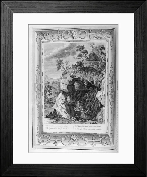 Framed Print : The Nymph Echo Changed into Sound, 1733. Artist: Bernard Picart Framed Print : The Nymph Echo Changed into Sound, 1733. Artist: Bernard Picart