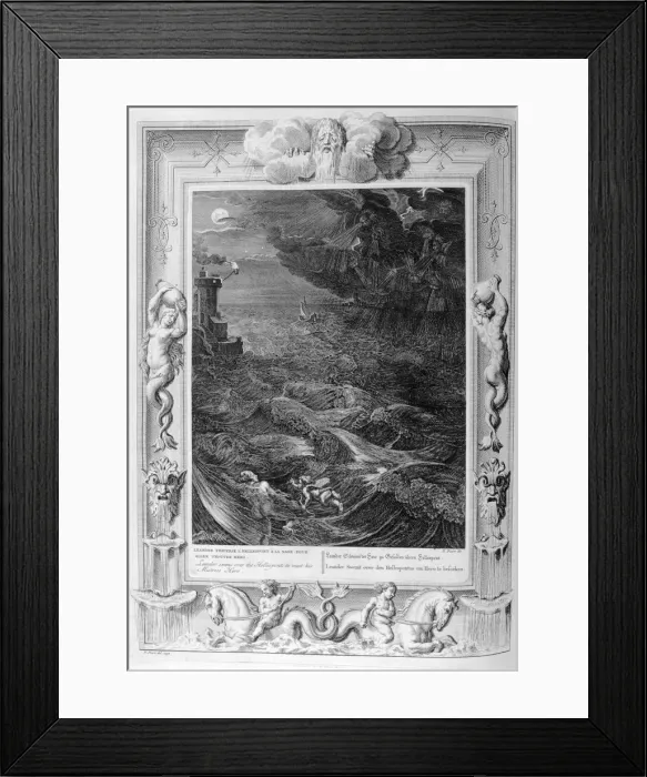 Framed Print : Leander Swims Over the Hellespont to Meet his Mistress Hero, 1733. Artist: Bernard Picart Framed Print : Leander Swims Over the Hellespont to Meet his Mistress Hero, 1733. Artist: Bernard Picart