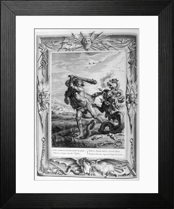Framed Print : Hercules fights the Lernian hydra, 1733. Artist: Bernard Picart Framed Print : Hercules fights the Lernian hydra, 1733. Artist: Bernard Picart