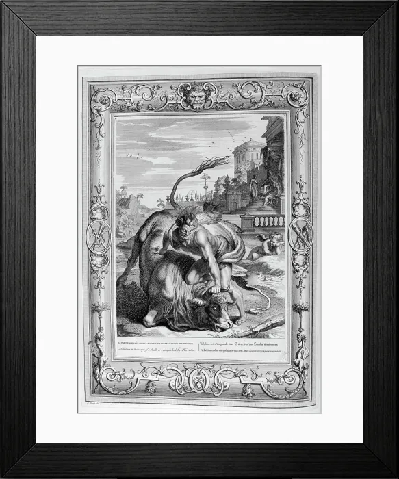 Framed Print : Achelous in the shape of a bull is vanquished by Hercules, 1733. Artist: Bernard Picart Framed Print : Achelous in the shape of a bull is vanquished by Hercules, 1733. Artist: Bernard Picart