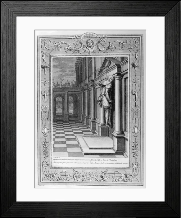 Framed Print : Iphis hangs himself in despair that he could not gain Anaxarete, 1733. Artist: Bernard Picart Framed Print : Iphis hangs himself in despair that he could not gain Anaxarete, 1733. Artist: Bernard Picart