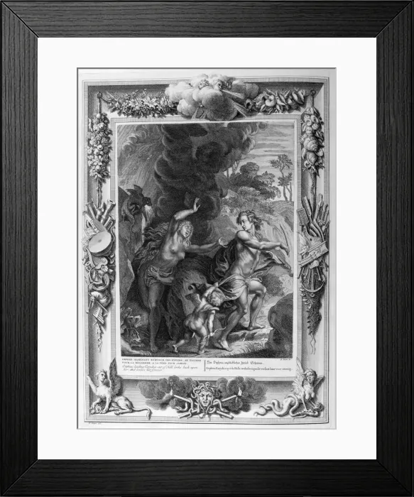Framed Print : Orpheus, leading Eurydice out of Hell, looks back upon her and loses her forever, 1733. Artist: Bernard Picart Framed Print : Orpheus, leading Eurydice out of Hell, looks back upon her and loses her forever, 1733. Artist: Bernard Picart