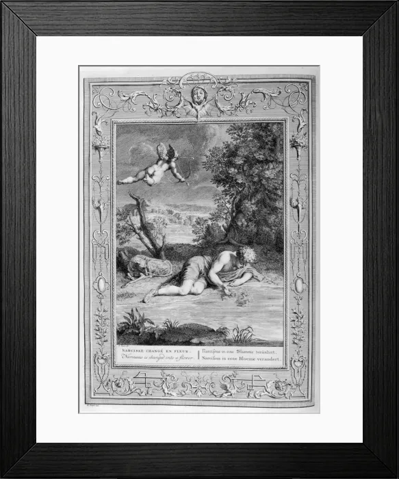 Framed Print : Narcissus in love with his own reflection, 1733. Artist: Bernard Picart Framed Print : Narcissus in love with his own reflection, 1733. Artist: Bernard Picart