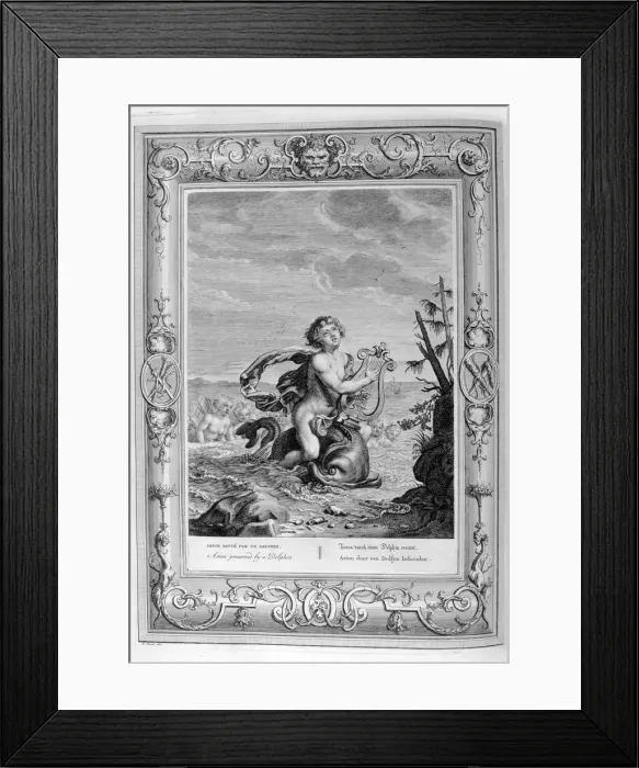 Framed Print : Arion saved by a dolphin, 1733. Artist: Bernard Picart Framed Print : Arion saved by a dolphin, 1733. Artist: Bernard Picart