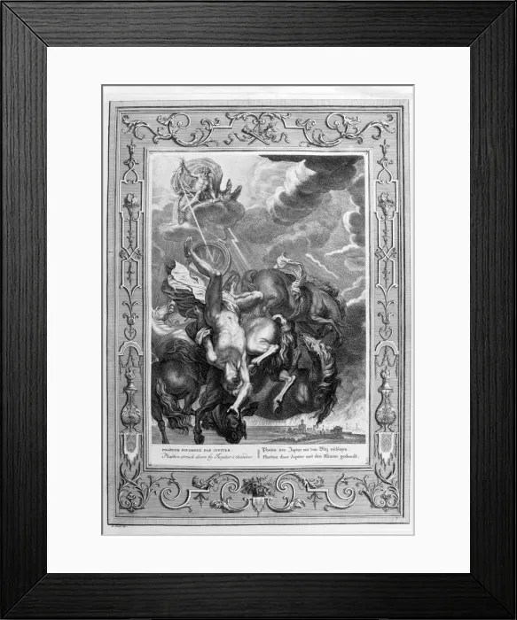 Framed Print : Phaeton struck down by Jupiters thunderbolt, 1733. Artist: Bernard Picart Framed Print : Phaeton struck down by Jupiters thunderbolt, 1733. Artist: Bernard Picart