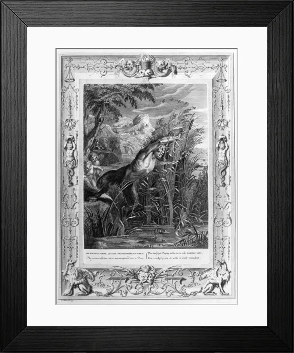 Framed Print : Pan pursues Syrinx who is transformed into a reed, 1733. Artist: Bernard Picart Framed Print : Pan pursues Syrinx who is transformed into a reed, 1733. Artist: Bernard Picart