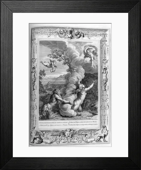 Framed Print : Arethusa pursued by Alpheus and turned into a fountain, 1733. Artist: Bernard Picart Framed Print : Arethusa pursued by Alpheus and turned into a fountain, 1733. Artist: Bernard Picart