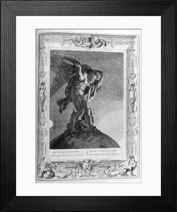 Framed Print : Atlas supports the heavens on his shoulders, 1733. Artist: Bernard Picart Framed Print : Atlas supports the heavens on his shoulders, 1733. Artist: Bernard Picart