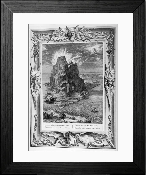 Framed Print : Enceladus buried underneath Mount Etna, 1733. Artist: Bernard Picart Framed Print : Enceladus buried underneath Mount Etna, 1733. Artist: Bernard Picart