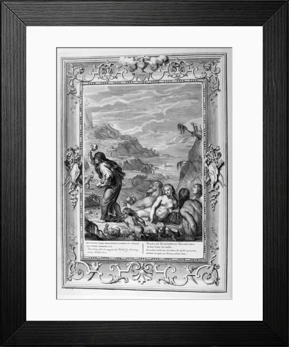 Framed Print : Deucalion and Pyrrha repeople the world by throwing stones behind them, 1733. Artist: Bernard Picart Framed Print : Deucalion and Pyrrha repeople the world by throwing stones behind them, 1733. Artist: Bernard Picart