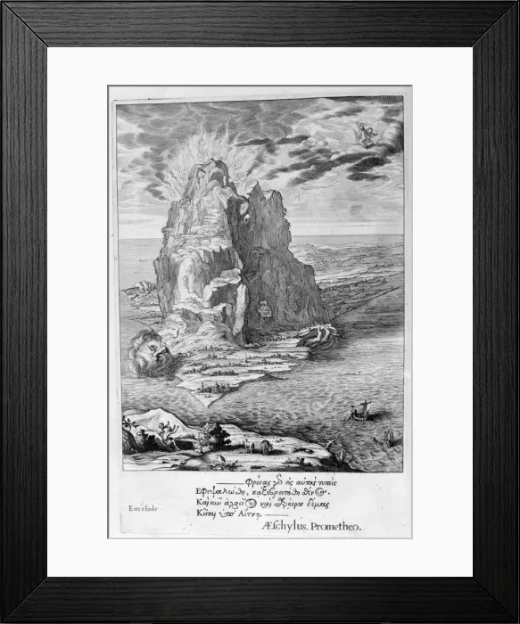 Framed Print : Enceladus buried underneath Mount Etna, 1655. Artist: Michel de Marolles Framed Print : Enceladus buried underneath Mount Etna, 1655. Artist: Michel de Marolles