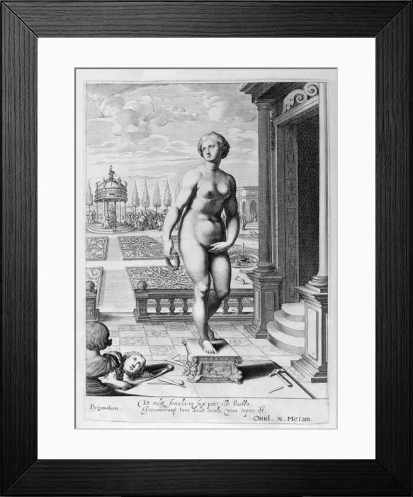 Framed Print : Pygmalion is enamoured with a statue he has made, 1655. Artist: Michel de Marolles