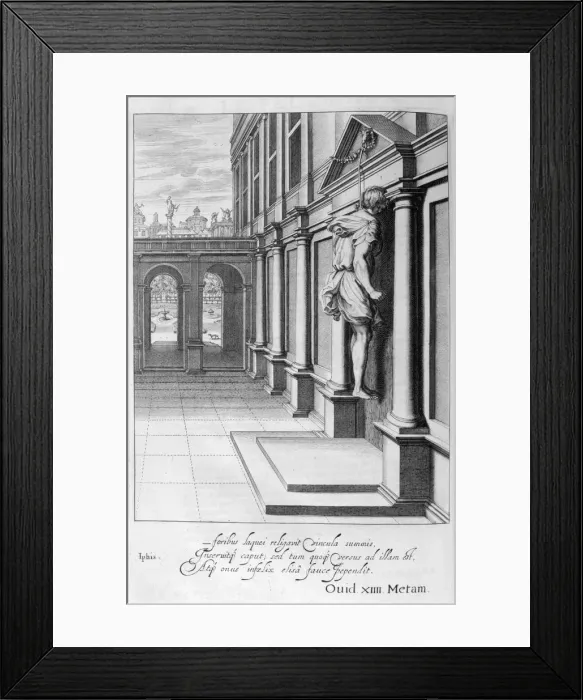Framed Print : Iphis hangs himself in despair that he could not gain Anaxarete, 1655. Artist: Michel de Marolles Framed Print : Iphis hangs himself in despair that he could not gain Anaxarete, 1655. Artist: Michel de Marolles
