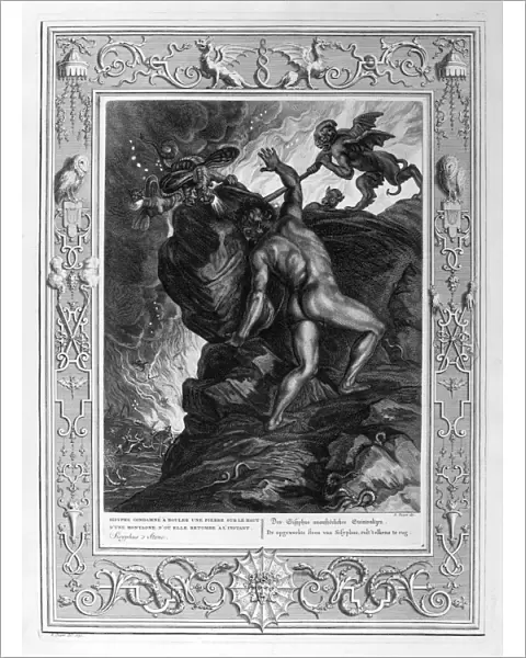 Sisyphus pushing his stone up a mountain, 1733. Artist: Bernard Picart